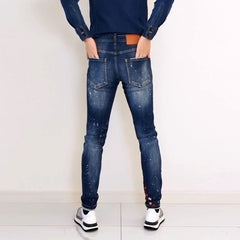 Fashion Streetwear Men Jeans Retro Blue Elastic Slim Ripped Jeans Men High