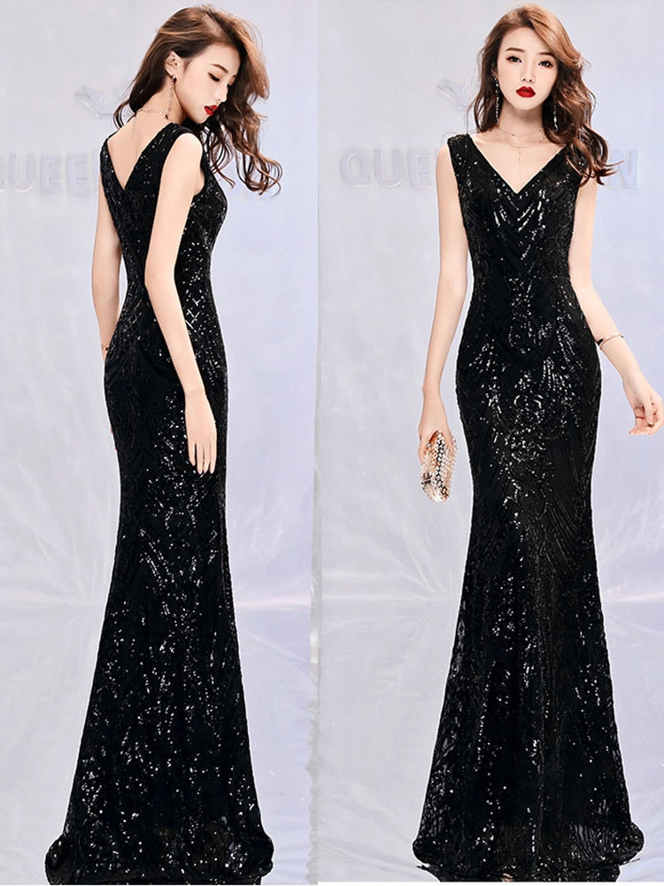 Evening wear Dresses: Evening Dress Sleeveless Sequins Robe De Soiree V-neck Tulle