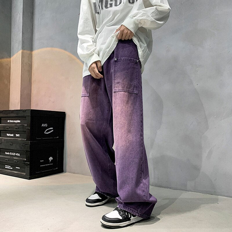 Purple Wide Jeans for Men Ins Fashion Hip Hop Denim Trousers Vintage Casual