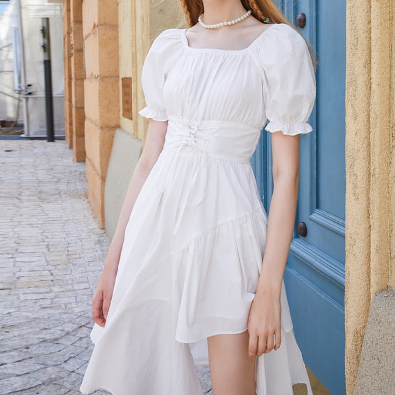 Women White Dress Autumn Elegant Vintage Kawaii Puff Sleeve