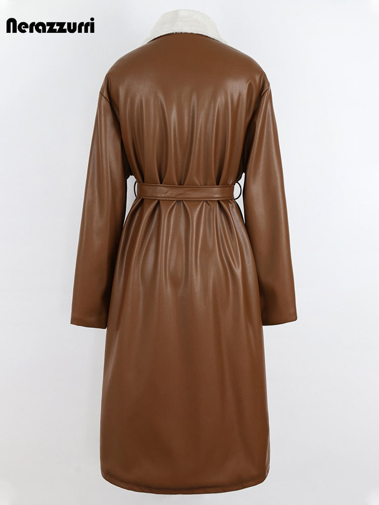 Winter Long Loose Casual Thick Warm Brown Black Pu Leather Coats