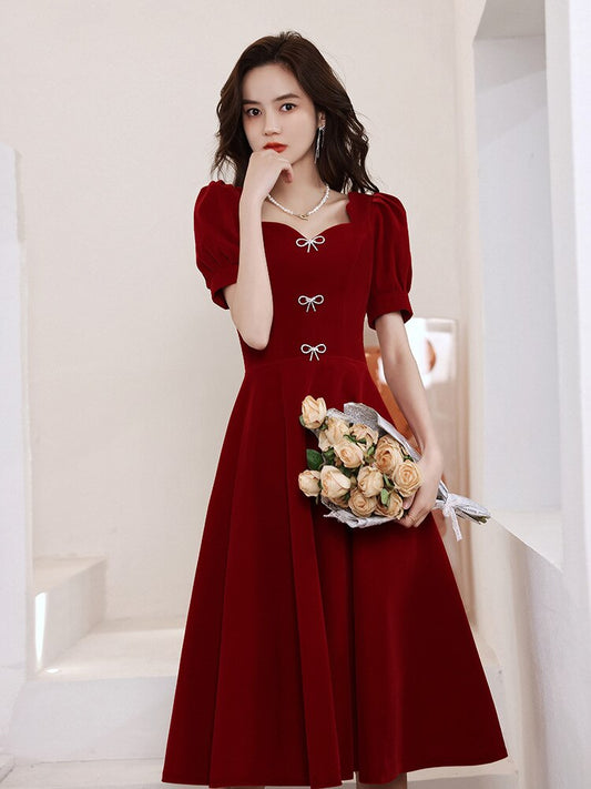 Wine Red Women Prom Dress Simple French Style Short Sleeve A-Line Party