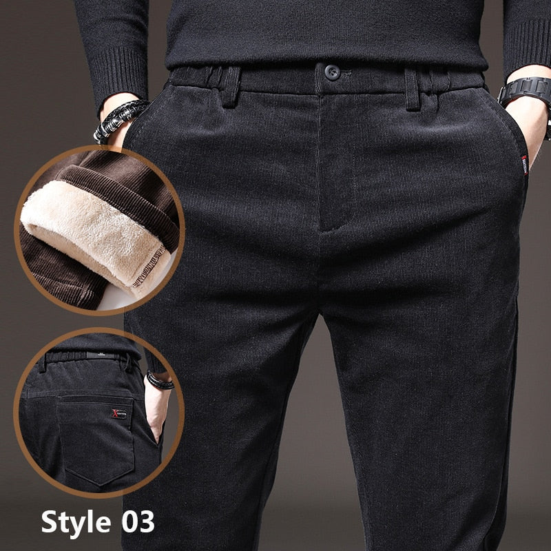 Winter Fleece Warm Corduroy Pants Men Stretch Thick Elastic Waist Fluff Pant