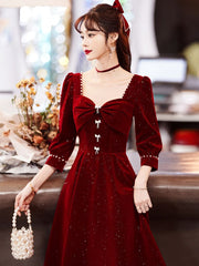 Burgundy Velvet Prom Dress Sweetheart Collar Long Sleeve A-Line Party Dress