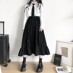 Spring/Autumn Women Skirts High Waist Student Korean Style Dark Vintage Ruffle