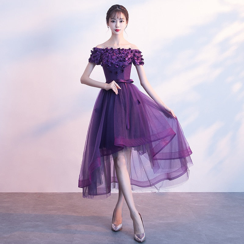 Homecoming Dresses: Dark Red Purple Prom Dresses With Flowers Boat Neck Lace