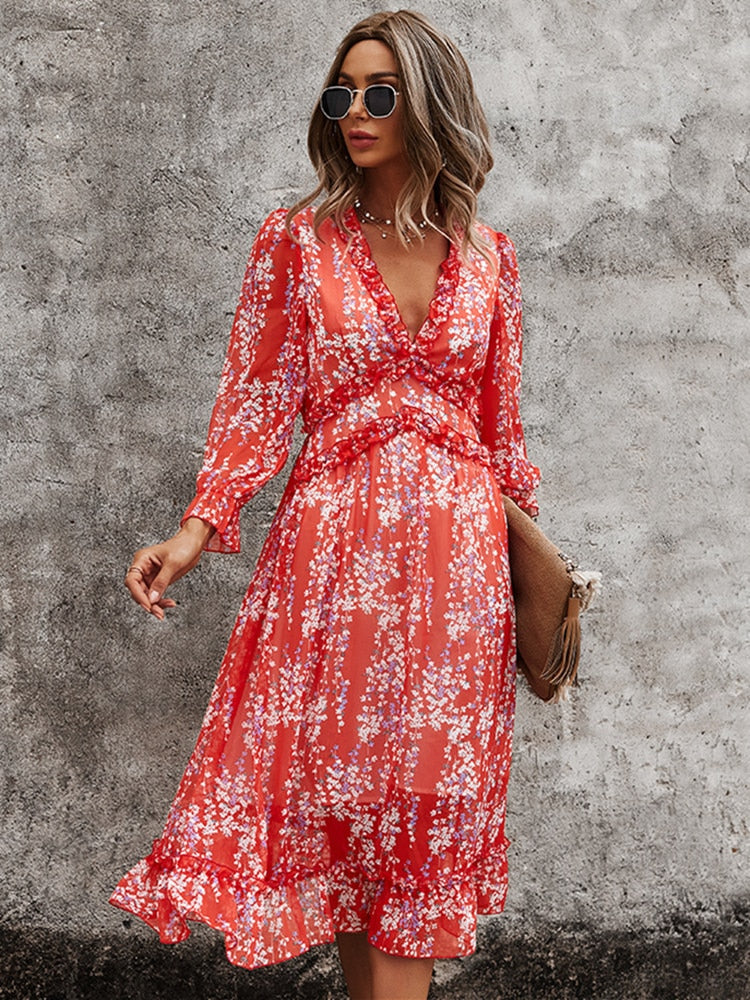 V Neck Floral Dress Ladies Butterfly Sleeve High Waist Casual Print Dresses For Women Summer Chiffon Dress