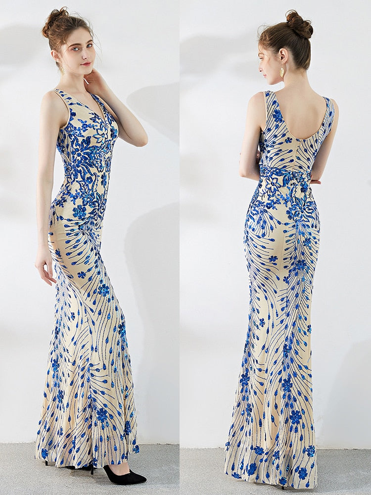 Evening wear Dresses: Evening Dress Sleeveless Sequins Robe De Soiree V-neck Tulle
