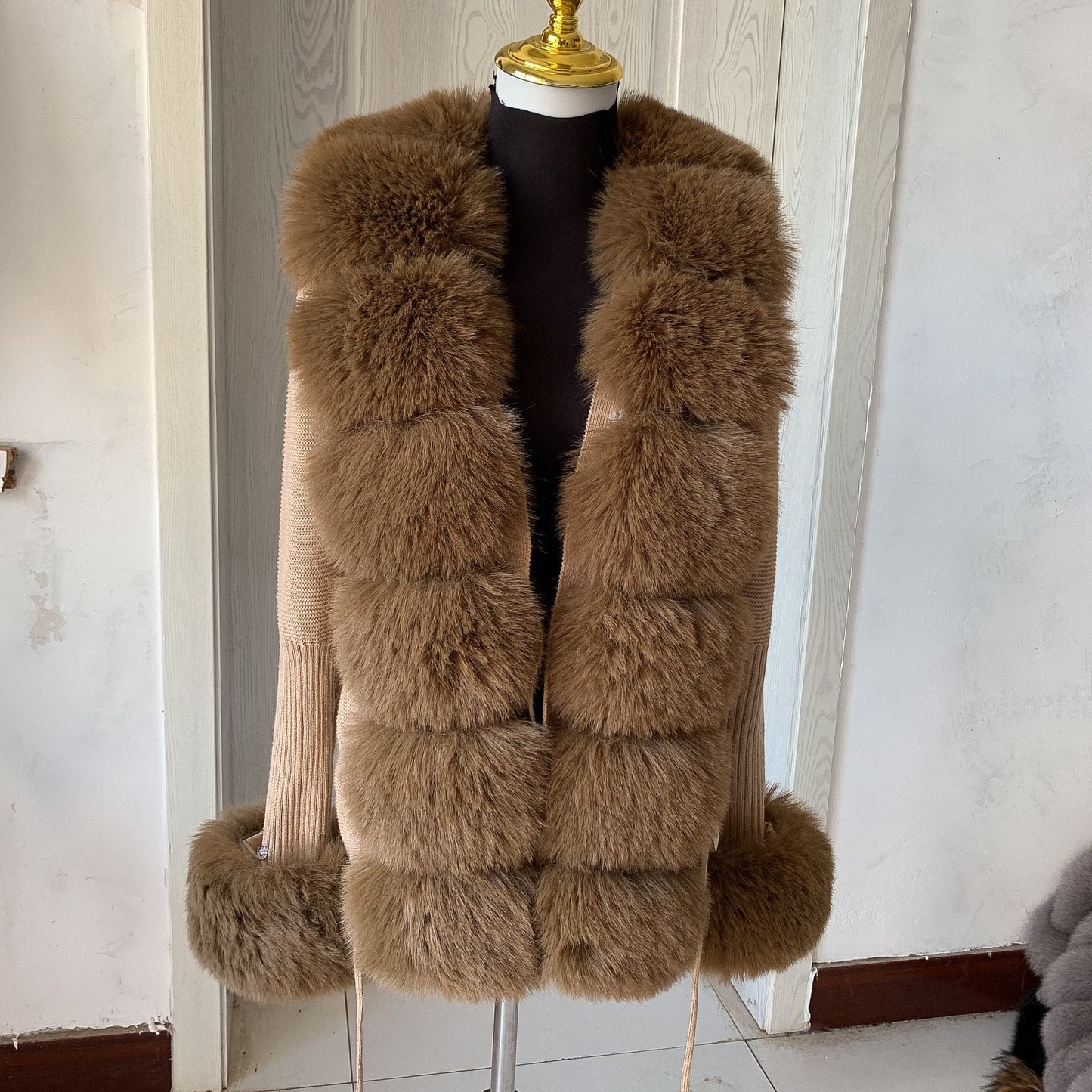 Women Faux Fur Knit Sweater cardigan Spring Autumn elegant Knitted sweater