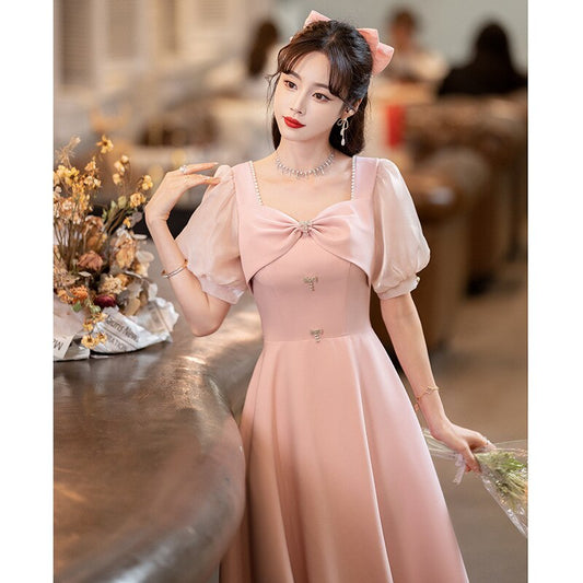 Pink Prom Dress Puff Sleeve Collar Mid-Length A-Line Party