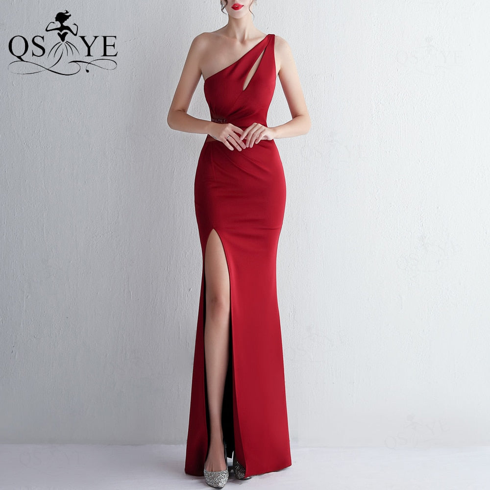 Homecoming Dresses: One Shoulder Magenta Prom Dresses Split Party Gown