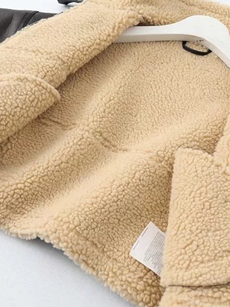 Winter Women Streetwear Faux Lamb Leather Fur Short Jacket