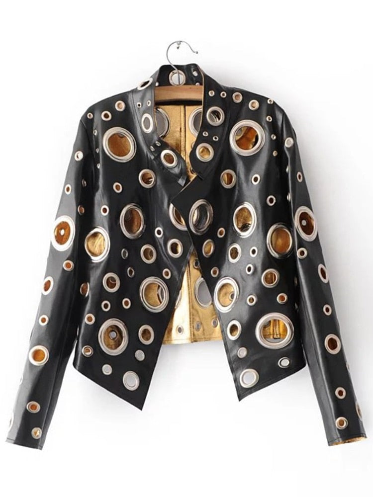 Runway Cut Out Short Faux Leather Jacket Golden Rivet Cool Stylish