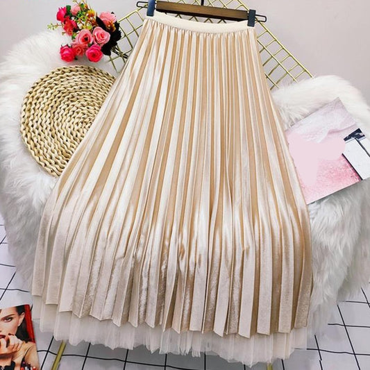 Rimocy Both Sides Wear Pearls Mesh Skirt Women Summer Velvet High Waist