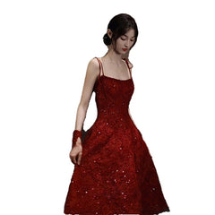 Burgundy Spaghetti Strap Women Prom Dress Elegant Sequins A-Line Birthday