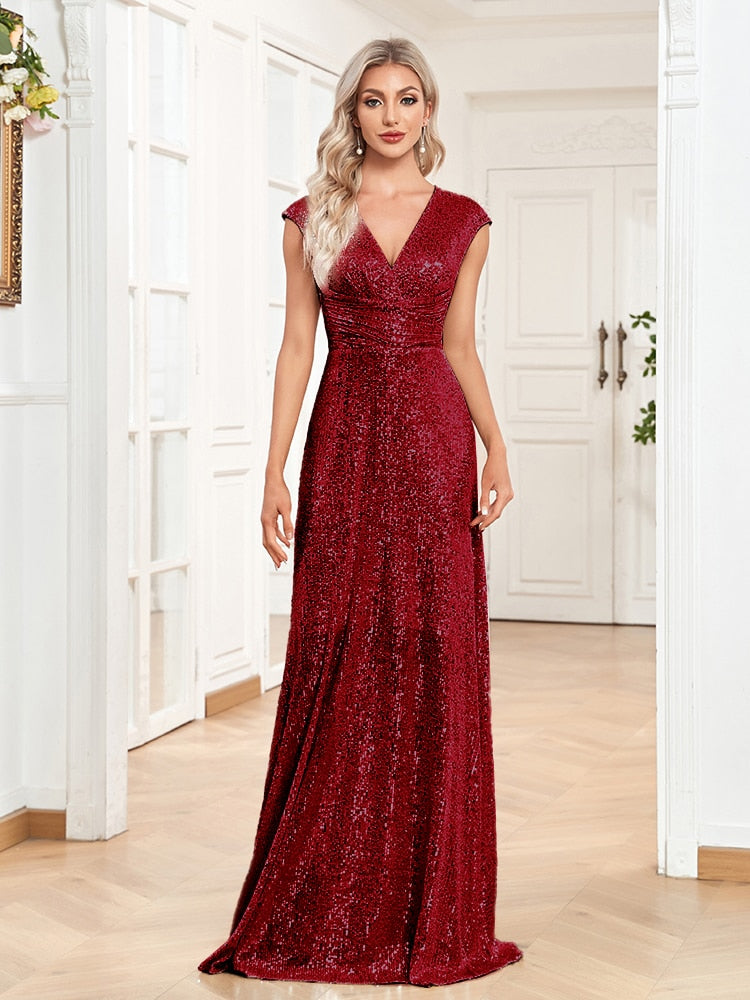 Evening wear Dresses: Women Elegant V-neck Mermaid Evening Dress Floor Length