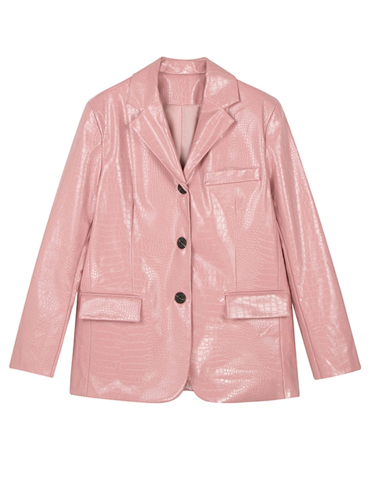 Lautaro Spring Autumn Black Pink Shiny Reflective Crocodile Print Pu Leather Coats
