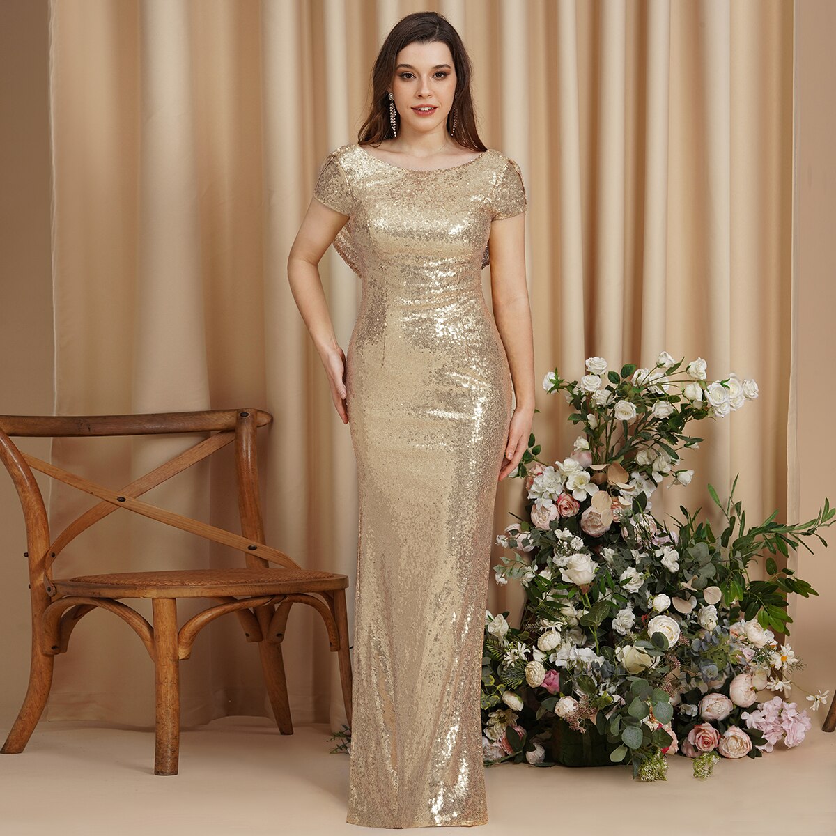 Homecoming Dresses: Gold Prom Gowns for Women Features Sequins Low Cowl Back