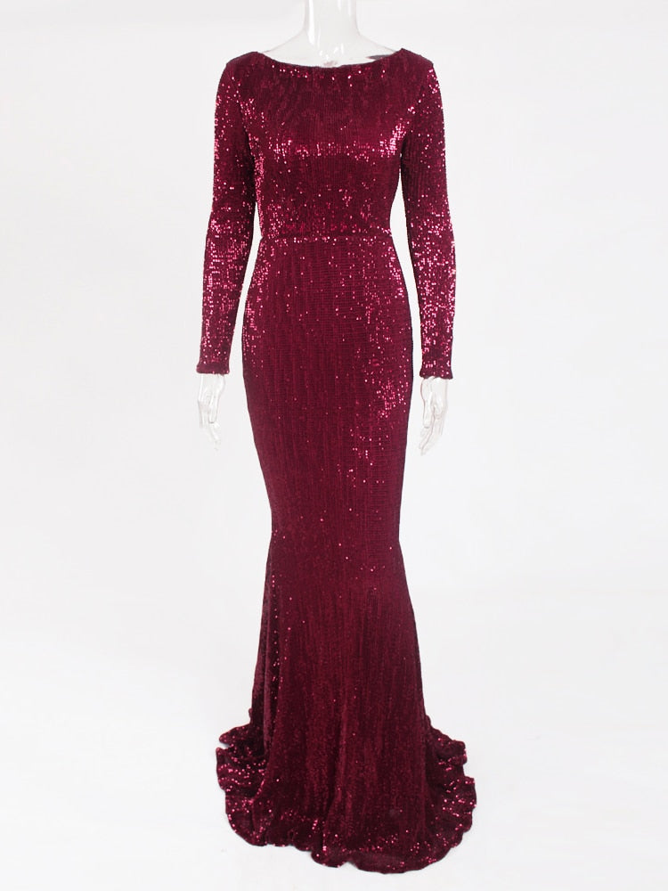 Evening wear Dresses: Mermaid Sequin Evening Gown Burgundy O Neck Stretch
