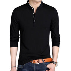 Spring Men Long Sleeve T Shirts Half Buttons Stand Collar Cotton