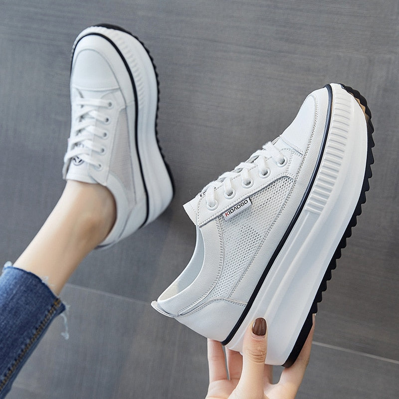 Fujin Dad Shoes Chunky Sneakers Wedge Heel Platform White Air Mesh Hollow Shoes