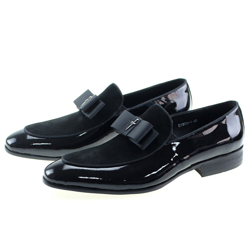 Handmade Genuine Patent Leather and Nubuck Leather Patchwork with Bow Tie
