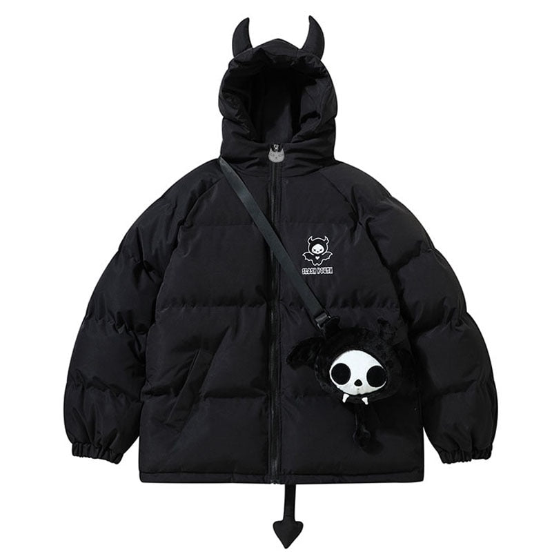 Hip Hop Parkas Men High Street Devil Horns Wing+Tail Hooded Padded Jackets