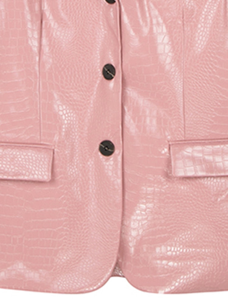 Lautaro Spring Autumn Black Pink Shiny Reflective Crocodile Print Pu Leather Coats