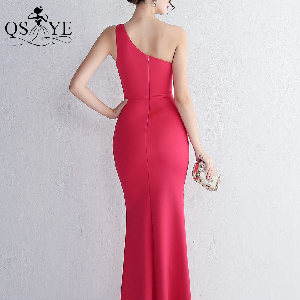 Homecoming Dresses: One Shoulder Magenta Prom Dresses Split Party Gown