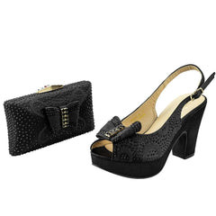 Rhinestone Chunky Heels with Matching Clutch Purse Ladies Shoes and Handbag