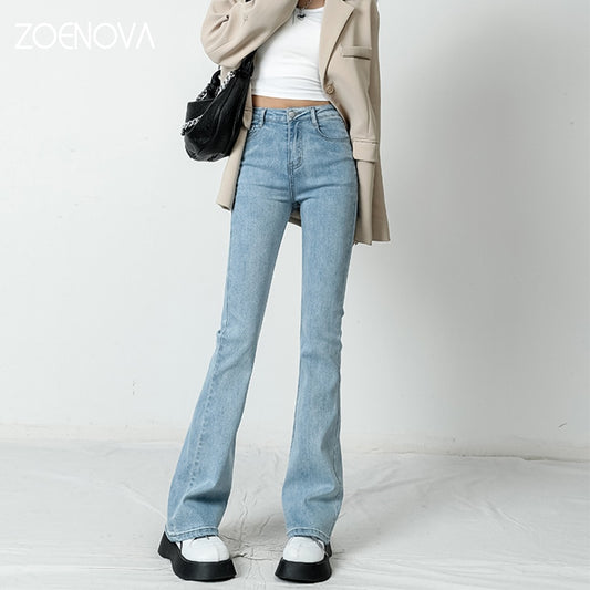 Women Flared Jeans Loose Denim Pants Bottom Straight High Waist Stretch