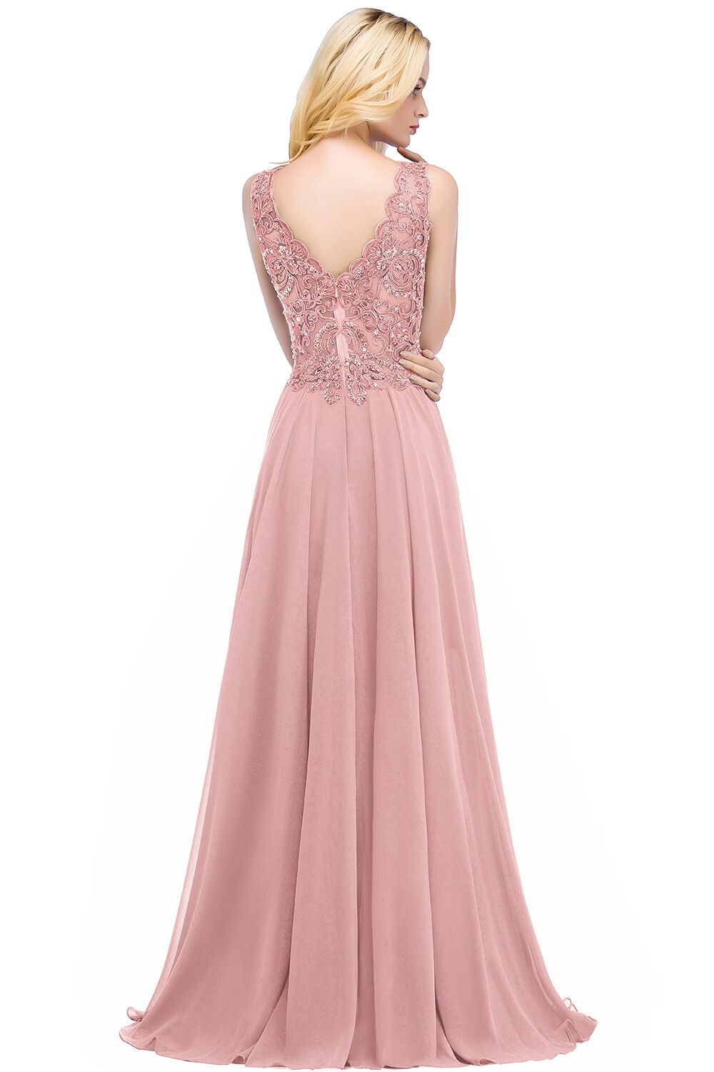Homecoming Dresses: Pink Prom Dress V Neckline Lace Appliques Crystal Stones Beads