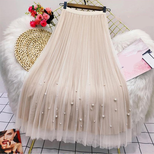 Rimocy Both Sides Wear Pearls Mesh Skirt Women Summer Velvet High Waist