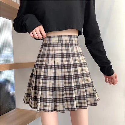 Korean Style Plaid Pleated Skirt Female Spring and Autumn High Waist Thin A-line