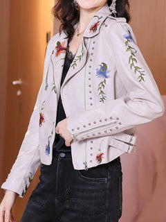 Women Biker Leather Jacket  Floral Print Embroidery Pu Leather Jacket