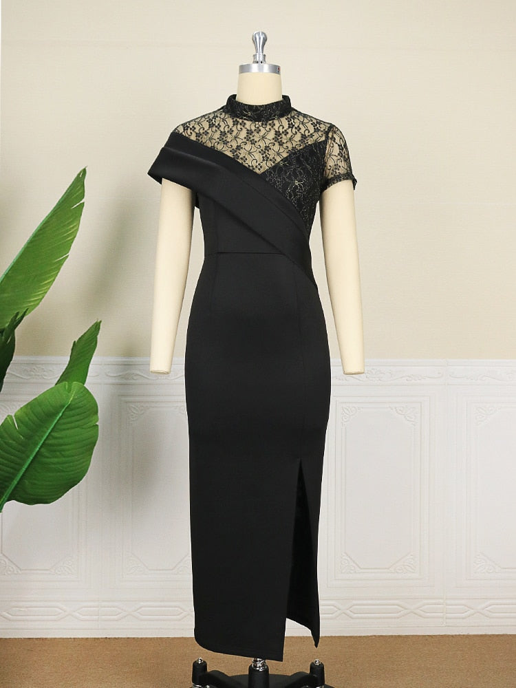 Evening wear Dresses: Black Long Prom Dresses Neck Lace Women Evening