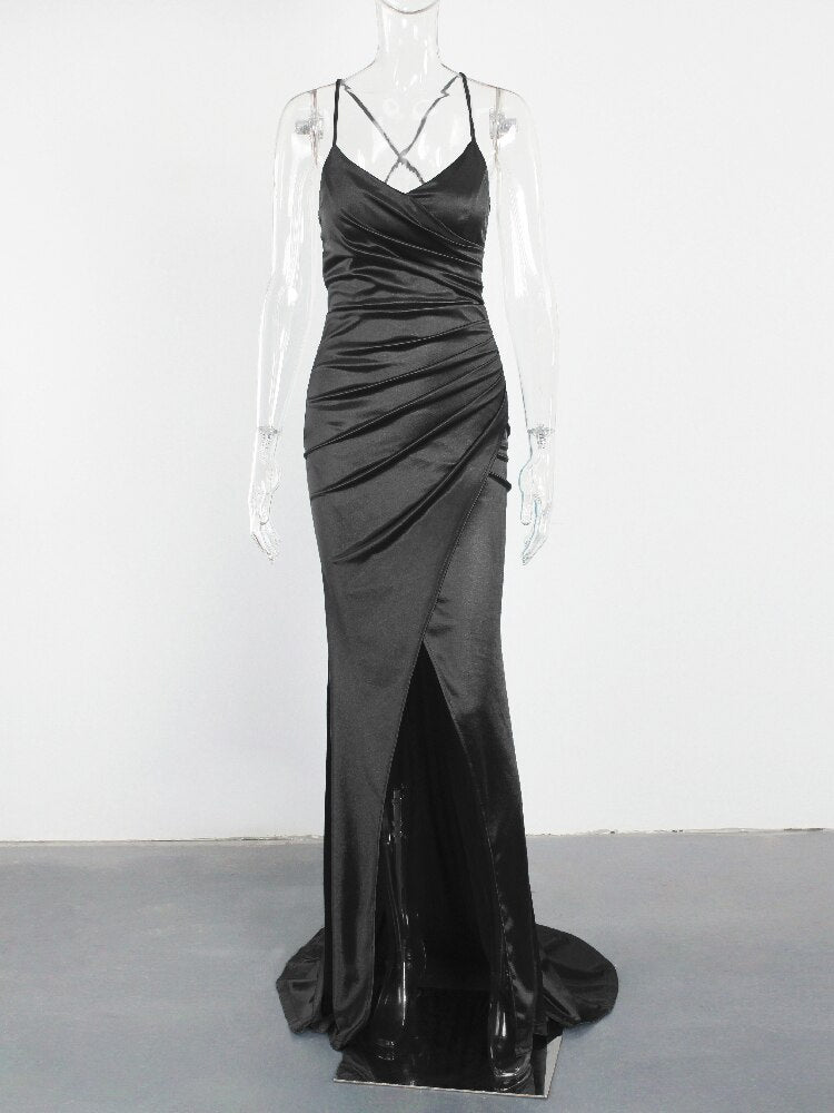 Evening wear Dresses: V Neck Padded Cocktail Prom Satin Stretch Pleated