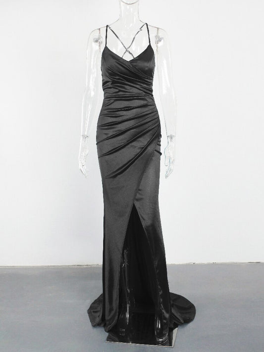 Evening wear Dresses: V Neck Padded Cocktail Prom Satin Stretch Pleated