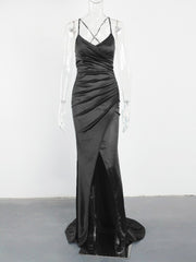 Black Lace Up V Neck Padded Cocktail Prom Satin Stretch Pleated