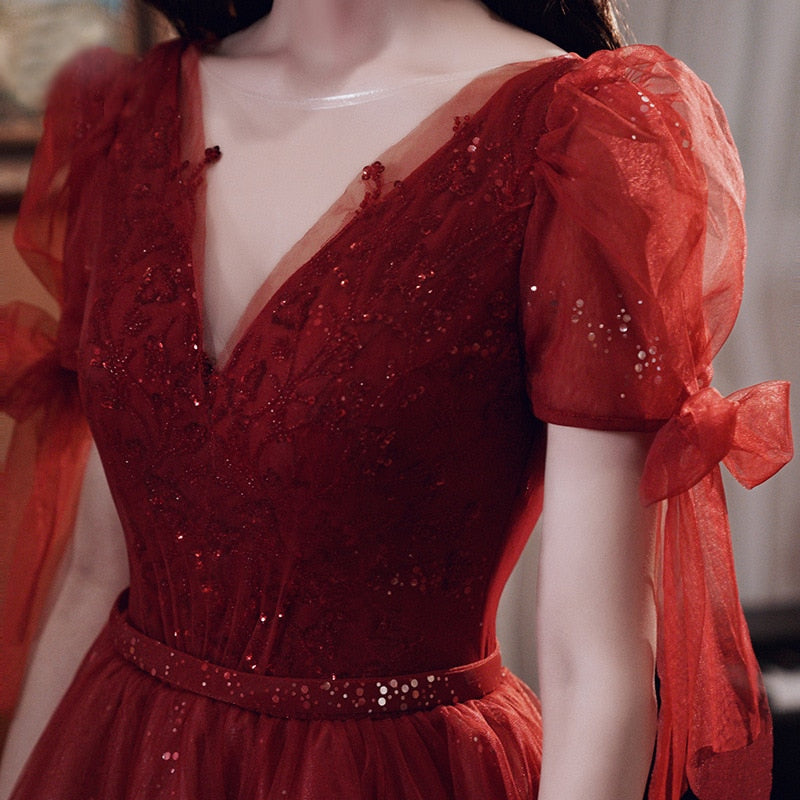 Homecoming Dresses: Wine Red Beading Tulle Prom Dress Vintage Women
