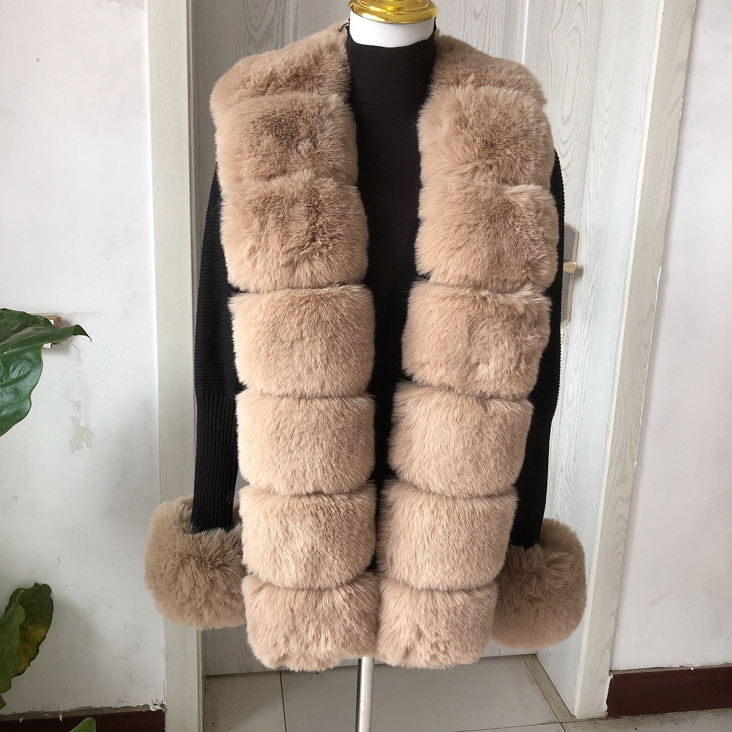 Women Faux Fur Knit Sweater cardigan Spring Autumn elegant Knitted sweater