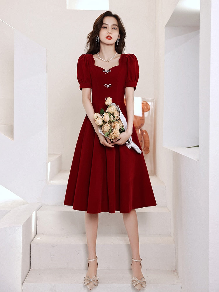 Homecoming Dresses: Red Women Prom Dress Simple French Style Short Sleeve