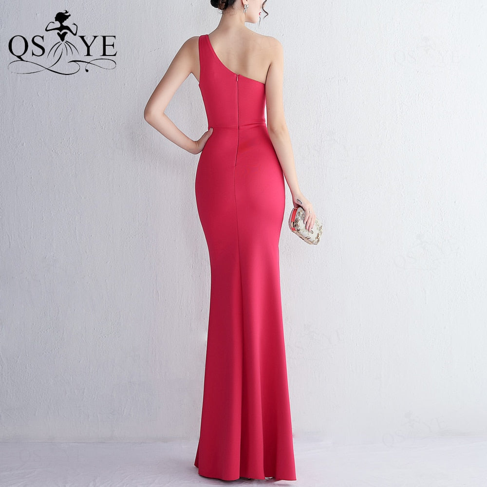 Homecoming Dresses: One Shoulder Magenta Prom Dresses Split Party Gown