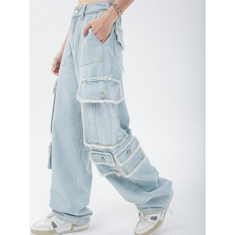 Blue Women Straight Cargo Jeans High Waist American Streetwear