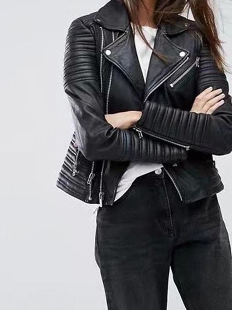 Leather Jacket Women Turndown Collar Pu Motorcycle Black Punk Coat