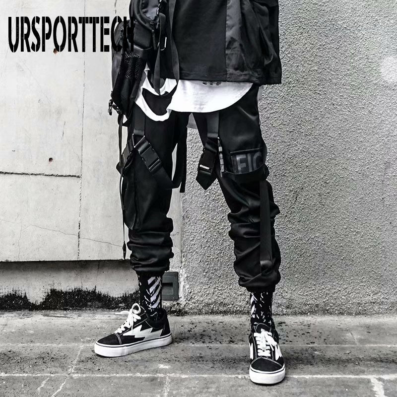 Hip Hop Joggers Men Letter Ribbons Cargo Pants Pockets Track Tactical Casual