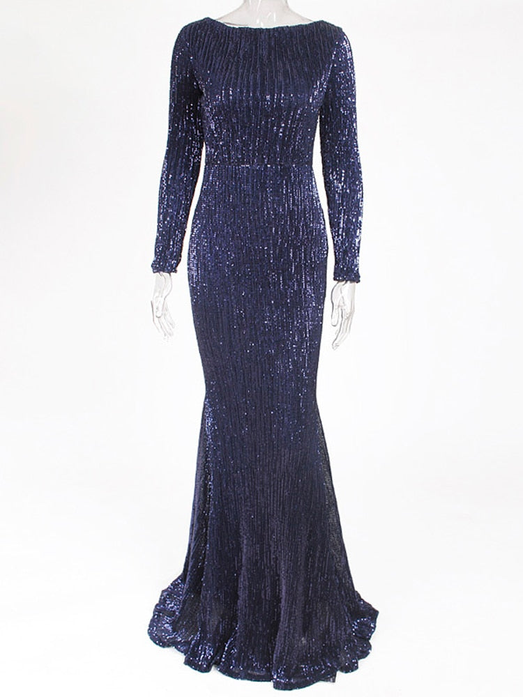Evening wear Dresses: Mermaid Sequin Evening Gown Burgundy O Neck Stretch