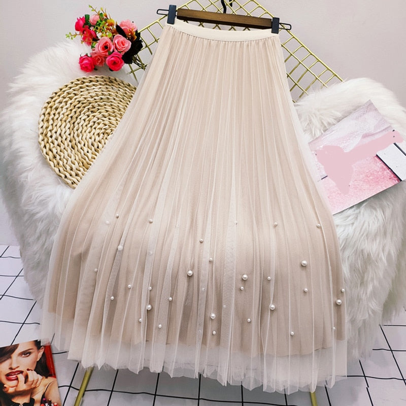Rimocy Both Sides Wear Pearls Mesh Skirt Women Summer Velvet High Waist