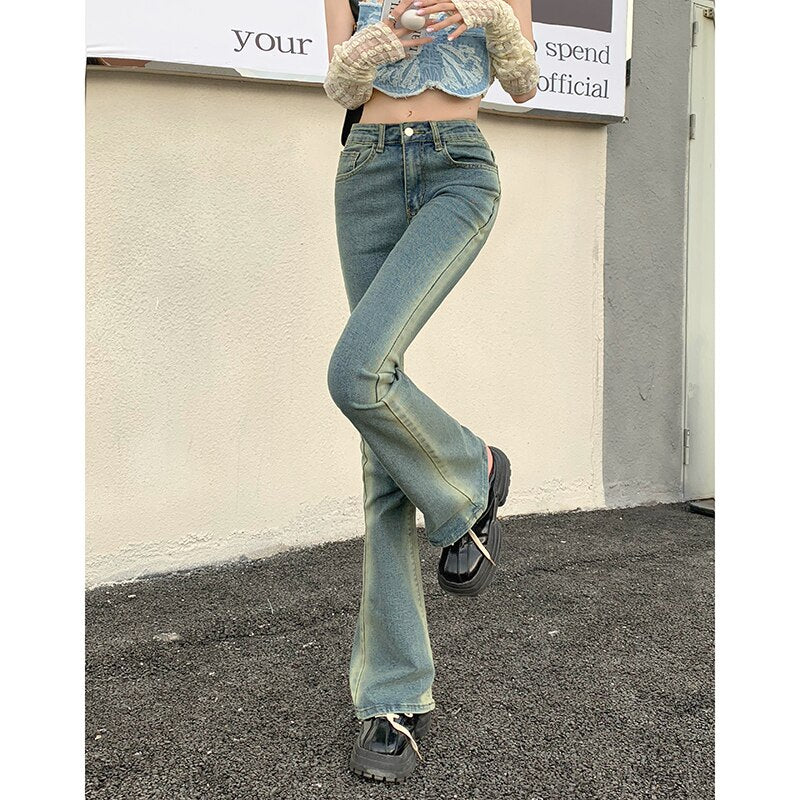 Elegant Flared Jeans Woman Low Waist Stretch Cotton Denim Pants