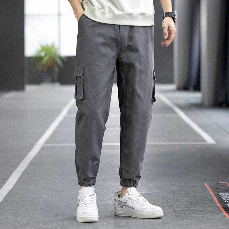 Four Seasons Men Cotton Cargo Pants Plus Size Sports Drawstring